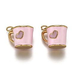 Pearl Pink Brass Pendants, with Enamel and Jump Rings, Cup with Heart Pattern, Real 18K Gold Plated, Pearl Pink, 14.5x17x13mm, Hole: 3mm