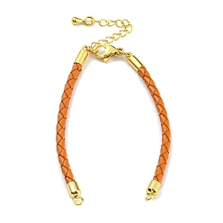 Dark Orange Leather Braided Cord Link Bracelets, Fit for Connector Charms, with Long-Lasting Plated Rack Plating Colden Tone Brass Lobster Claw Clasp & Chain Extender, Dark Orange, 6x1/8 inch(15.2cm), Hole: 2mm
