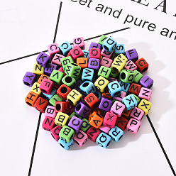 Mixed Color Mixed Color Opaque Acrylic Beads, Cube with Black Mixed Letter, 5.5~6x5.5~6x5.5~6mm, Hole: 3.5mm, about 100pcs/bag