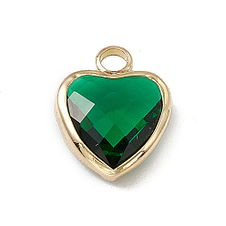 Emerald Heart K9 Glass Charms, Faceted, with Light Gold Tone Brass Edge, Emerald, 13.5x10.5x4.5mm, Hole: 2.2mm