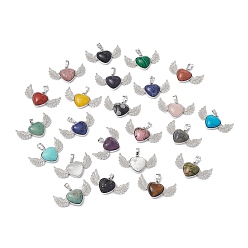Mixed Stone Natural & Synthetic Mixed Gemstone Pendants, Heart Charms with Wing, with Platinum Tone Brass Findings, Mixed Dyed and Undyed, 22x37.5x7mm, Hole: 7.5x5mm