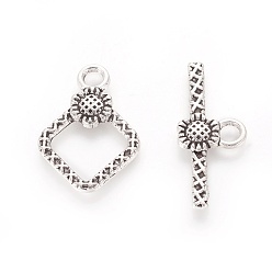 Antique Silver Tibetan Style Toggle Clasps, Lead Free and Cadmium Free, Rhombus, Antique Silver Color, Size: Rhombus: about 21mm long, 15mm wide, 2mm thick, Bar: 24mm long, 10mm wide, 2mm thick, hole: 2mm