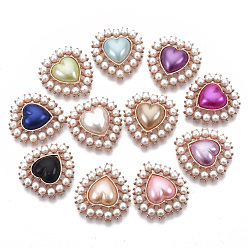 Mixed Color Alloy Flat Back Cabochons, with ABS Plastic Imitation Pearl Beads, Rose Gold, Heart, Mixed Color, 29x27x8mm