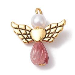 Indian Red Resin Imitation Pearl Pendants, Rose Angel Charms with Antique Golden Plated Alloy Heart Wings, Indian Red, 23.5~24x22x6.5mm, Hole: 1.8~2.2mm