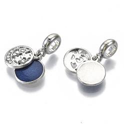 Prussian Blue Alloy European Dangle Charms, with Crystal Rhinestone and  Enamel, Large Hole Pendants, FLat Round, Platinum, Prussian Blue, 24mm, Hole: 5mm, Flat Round: 14x12x2mm.
