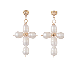 WhiteSmoke Natural Pearl Beaded Cross Dangle Stud Earrings, Golden Brass Wire Wrap Jewelry for Women, Lead Free & Cadmium Free & Nickel Free, WhiteSmoke, 42~44mm, Pin: 0.7mm