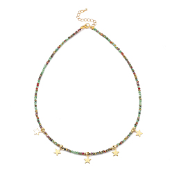Colorful Star Pendant Necklaces, with Brass Cube Beads, Glass Beads, 304 Stainless Steel Charm and Lobster Claw Clasps, Golden, Colorful, 17.72 inch(45cm)