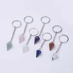 Mixed Stone Natural/Synthetic Mixed Stone Keychain, with Iron Key Rings and Brass Finding, Cone/Spike/Pendulum, Platinum, 95~123mm, 29~30x14~15mm