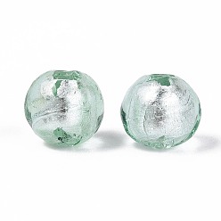 Средний Аквамарин Ручная серебряная фольга стеклянные бусины Lampwork, круглые, средний аквамарин, 10 мм, отверстие : 1.4 мм