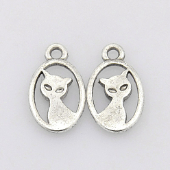 Antique Silver Tibetan Style Alloy Kitten Pendants, Cadmium Free & Lead Free, Oval with Cat Shape, Antique Silver, about 15mm long, 9mm wide, 2mm thick, hole: 1mm