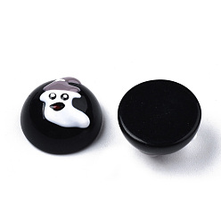 Black Halloween Opaque Resin Enamel Cabochons, Half Round with Rosy Brown Ghost, Black, 15x8.5mm