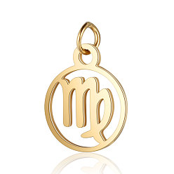 Virgo 201 Stainless Steel Charms, with Jump Rings, Polished, Flat Round with Constellation, Golden, Virgo, 13x11x1mm, Hole: 2.5mm
