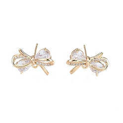 Real 18K Gold Plated Brass Micro Pave Clear Cubic Zirconia Stud Earring Findings, with Horizontal Loops, Nickel Free, Bowknot, Real 18K Gold Plated, 12.5x17.5mm, Hole: 1.2mm, Pin: 0.8mm