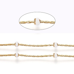 White Stainless Steel Cardano Chains, with Enamel Beads and Spool, Long-Lasting Plated, Soldered, Flat Round, Golden, White, 1x1mm, about 32.8 Feet(10m)/roll