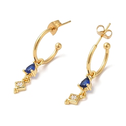 Golden Cubic Zirconia Teardrop with Rhombus Dangle Stud Earrings, 316 Stainless Steel Half Hoop Earrings, Golden, 34x5mm