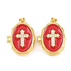 Красный Подвески латуни медальон, с эмалью и прозрачным кубическим цирконием, без кадмия и без свинца, реальный 18 k позолоченный, стойки покрытие, долговечный, крест с овальными подвесками, красные, 27x21x9 мм, отверстие : 3x5 мм
