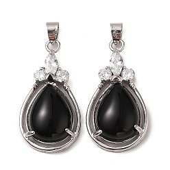 Обсидиан Природные подвески обсидиана, Подвески-капли из латуни с платиновым покрытием и хрустальными стразами, без кадмия и без свинца, 35x19x8 мм, отверстие : 7.5x4.5 мм