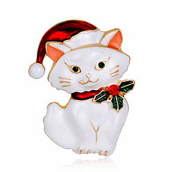 White Christmas Cat Enamel Pin, Golden Alloy Brooch for Backpack Clothes, White, 43x30mm