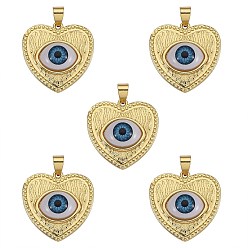 Dodger Blue 5Pcs Brass Pendants, with Resin Cabochons, Long-Lasting Plated, Heart with Evil Eye, Real 18K Gold Plated, Dodger Blue, 25x25x7mm, Hole: 5x3.5mm