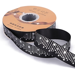Black 45M Silver Stamping Star Polyester Grosgrain Ribbons, Costume Accessories, Black, 1 inch(25mm), about 49.21 Yards(45m)/Roll