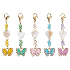 Mixed Color Butterfly Alloy Enamel Pendant Decorations, with Heart Freshwater Shell Beads and 304 Stainless Steel Lobster Claw Clasps, Mixed Color, 50mm