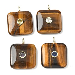 Тигровый глаз Природных тигровый глаз подвески, квадратные подвески с латунной микрофиброй и фианитами, золотые, цвет циркона случаен, 31x24~25x6~7 мм, отверстие : 3x2 мм