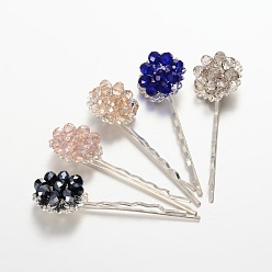 Mixed Color Brass Electroplate Glass Bead Flower Hair Bobby Pins, with Iron Findings, Silver Color Plated, Mixed Color, 63mm