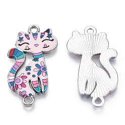 Misty Rose Printed Alloy Kitten Connector Charms, with Enamel, Cartoon Cat Links, Cadmium Free & Lead Free, Platinum, Misty Rose, 29.5x16.5x2mm, Hole: 1.8mm