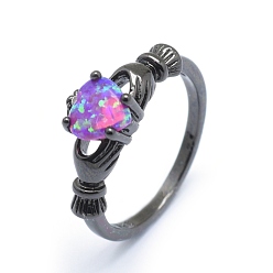 Gunmetal Synthetic Opal Finger Rings, with Cubic Zirconia and Brass Findings, Long-Lasting Plated, Irish Heart, Size 7, Pearl Pink, Gunmetal, 17mm