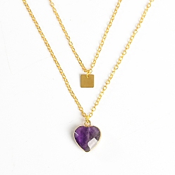 Amethyst Golden Alloy Double Layer Necklace, Natural Amethyst Heart & Alloy Square Tag Pendants Necklace, Pendant: 15mm