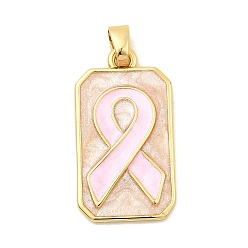 Бледно-Розовый Подвески из латуни с эмалью в форме прямоугольника с узором из шелковой ленты, стойки покрытие, долговечный, без кадмия и без свинца, золотые, розовый жемчуг, 28x15.5x2.5 мм, отверстие : 5.5x3.5 мм