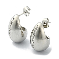 Platinum Teardrop Brass Micro Pave Cubic Zirconia Stud Earrings, Half Hoop Earrings, Long-Lasting Plated, Platinum, 22x14mm