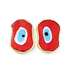 Red Rack Plating Handmade Evil Eye Lampwork Beads, with Brass Findings, Long-Lasting Plated, Oval, Red, 25x18x5.5~6mm, Hole: 1.8mm