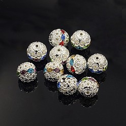 Mixed Color Brass Rhinestone Beads, Grade A, Nickel Free, Silver Metal Color, Round, Mixed Color, 12mm in diameter, Hole: 1.5mm
