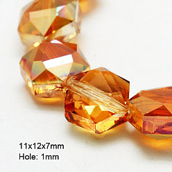 Orange Red Electroplate Glass Beads, Half Plated, Faceted, Hexagon, Orange Red, 11x12x7mm, Hole: 1mm