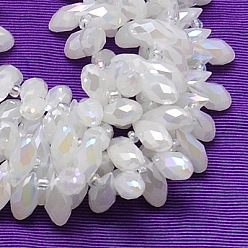 Snow Electroplate Glass Beads Strands, Top Drilled Beads, Full Pearl Luster Plated, Faceted, Teardrop, Snow, 12x6mm, Hole: 1mm