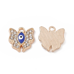 Light Gold Alloy Crystal Rhinestone Charms, with Enamel Evil Eye, Butterfly, Light Gold, 15x14.5x2mm, Hole: 1.8mm