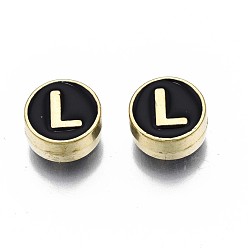 Letter L Alloy Enamel Beads, Cadmium Free & Lead Free, Light Gold, Flat Round with Alphabet, Black, Letter.L, 8x4mm, Hole: 1.5mm