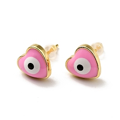 Hot Pink Heart with Evil Eye Enamel Stud Earrings, Gold Plated Brass Jewelry for Women, Cadmium Free & Lead Free, Hot Pink, 9.5x9.5mm, Pin: 0.8mm
