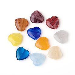 Mixed Color Czech Glass Beads, Heart with Strip Pattern, Mixed Color, 15~16x15~16x5~6mm, Hole: 1mm, about 60pcs/bag