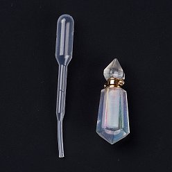 AB Color Plated Angel Aura Quartz, Faceted Natural Quartz Crystal Pendants, Openable Perfume Bottle, with Golden Tone Brass Findings and Plastic Dropper, AB Color Plated, 40mm, Hole: 1.6mm, Capacity: 5ml(0.17fl. oz)