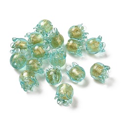Dark Turquoise Handmade Gold Foil Lampwork Glass Beads, Tulip, Dark Turquoise, 9x8.5mm, Hole: 1.6mm