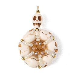 Floral White Dyed Synthetic Turquoise Pendants, Halloween Skull Beaded Charms with Glass Seed Beads, Golden, Floral White, 32x21x6.5mm, Hole: 3mm