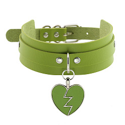 Green Rocking Heart Pendant Collar with Double-layer Leather Chain and Lock Clavicle Necklace