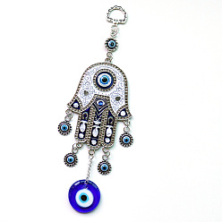 Bleu Décoration pendentif en émail en alliage turc, avec le charme de verre, main hamsa/main de miriam avec le mauvais œil, bleu, 195x30mm
