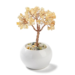 Yellow Quartz Natural Yellow Quartz Chips Tree Decorations, Ceramic Bowl Base Copper Wire Feng Shui Energy Stone Gift for Home Desktop Decoration, 65~68x130~135mm