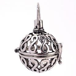 Antique Silver Rack Plating Brass Cage Pendants, For Chime Ball Pendant Necklaces Making, Hollow Round with Infinity, Antique Silver, 29x26x21.5mm, Hole: 6x8mm, inner measure: 18mm