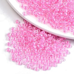 Pearl Pink 8/0 Glass Seed Beads, Inside Colours, Round Hole, Round, Transparent Colours Rainbow, Pearl Pink, 8/0, 3~4x2~3mm, Hole: 0.8mm, about 15000pcs/bag