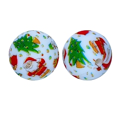 Colorful Round with Santa and the Christmas Tree Print Pattern Food Grade Silicone Beads, Silicone Teething Beads, Colorful, 15mm