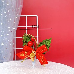 Red Plastic Cake Toppers, with Bell, Christmas Theme, Cake Decoration Supplies, Mistletoe/Holly Leaf, Red, 60mm